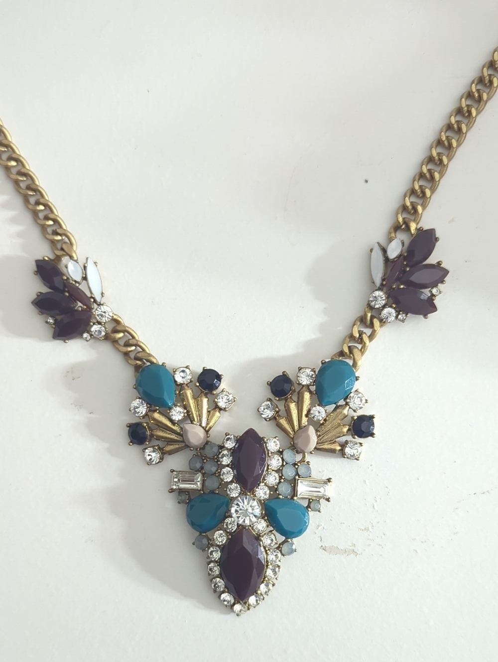 J Crew Statement Multi-Color Crystal Bib Necklace Gold Chain Turquoise Brown